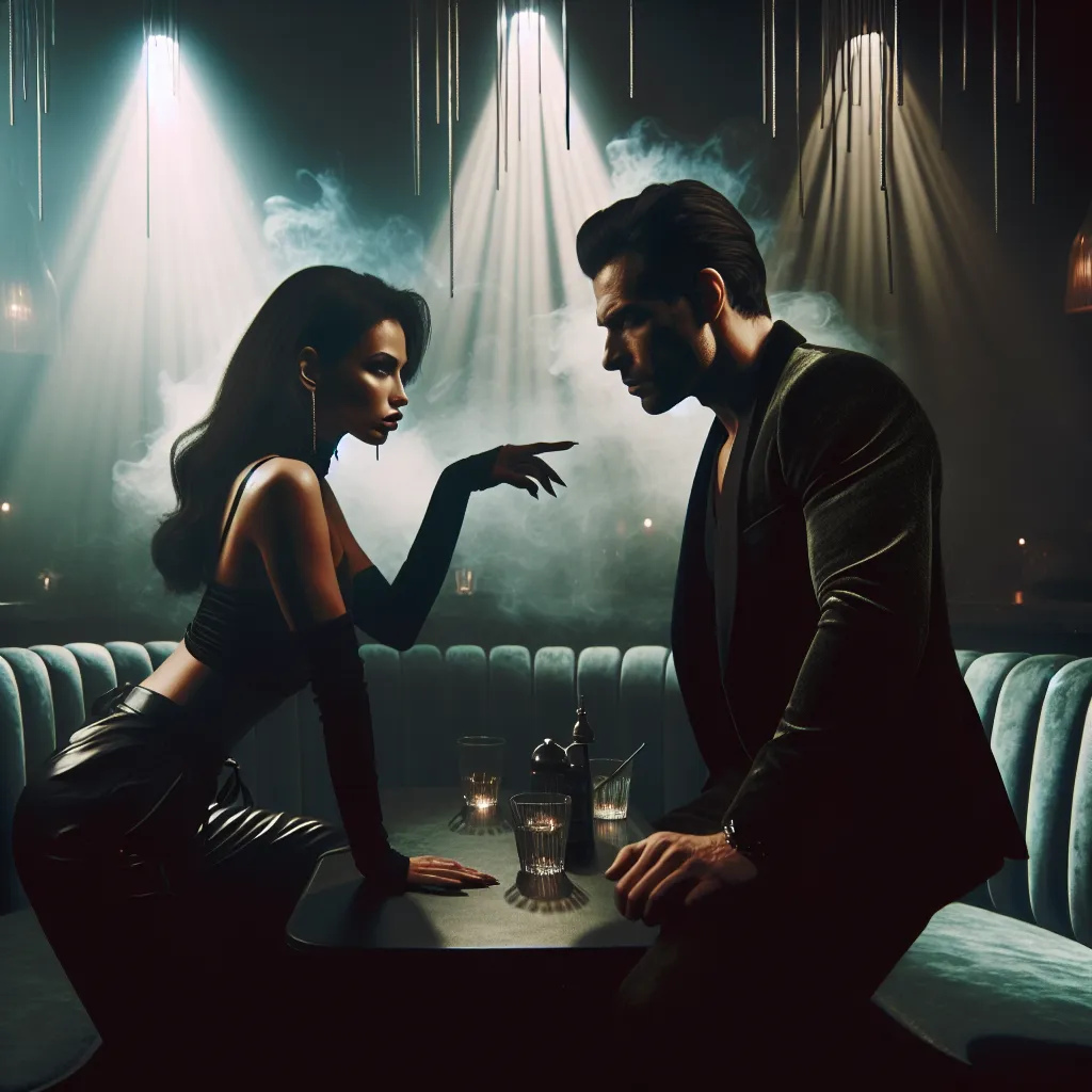 A scene in a dimly lit nightclub booth unfolds as a fierce woman confronts a mysterious outsider, their tension crackling with desire and defiance.