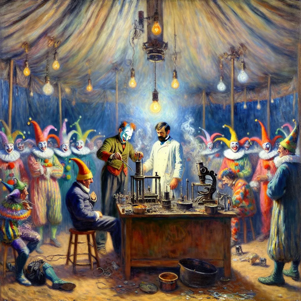 Transformation, Scientist, Metal, Circus, Jester in the style of Monet