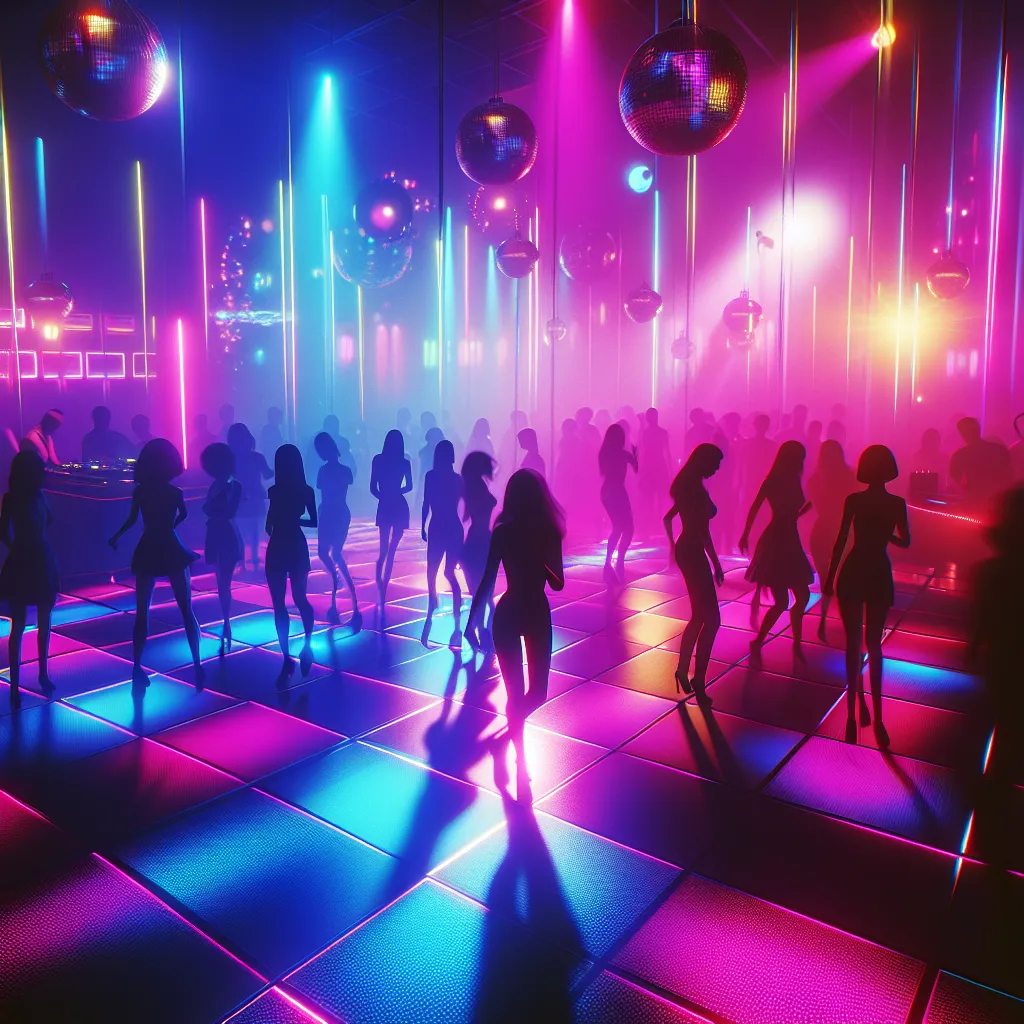 Description: An image of a nightclub scene, with vibrant neon lights illuminating the dance floor. The atmosphere is infused with energy and excitement, while shadows and silhouettes of dancers can be seen amongst the swirling lights. The image captures the juxtaposition of celebration and melancholy, symbolizing the protagonist's search for her missing sister in the midst of running the nightclub she built.