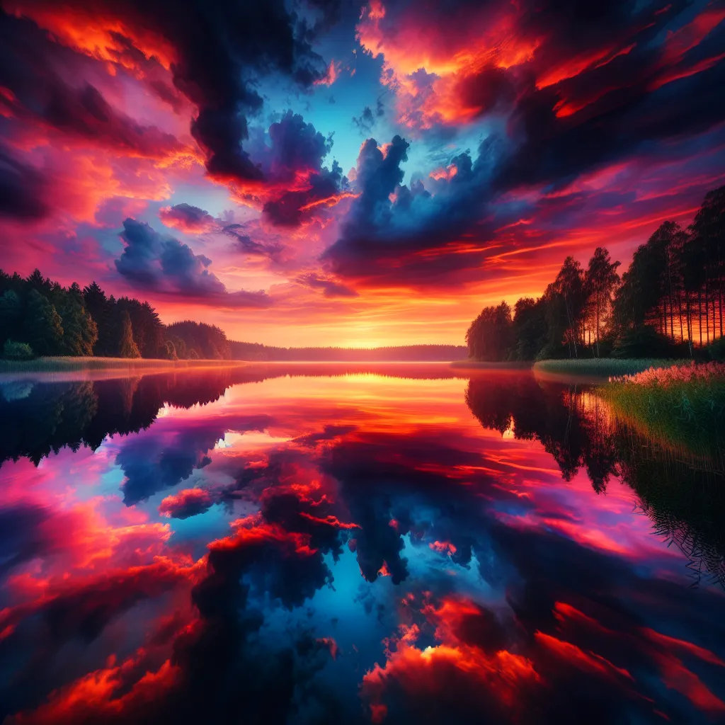 A serene sunset over a peaceful lake, with vibrant colors illuminating the sky and reflecting on the water's surface.