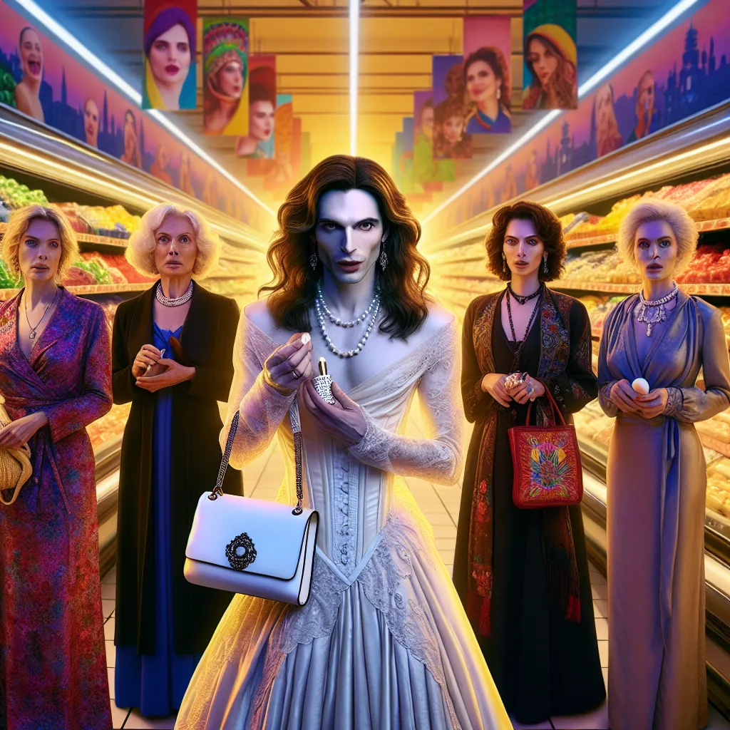 This image should capture the moment when Nathaniel, now transformed into Irina, navigates a supermarket alongside the four Russian women who share a bond with him. The picture should convey a sense of mystery and transformation as Nathaniel-Irina grapples with his new reality, holding a white satchel and a pearl-inlaid lipstick tube as symbols of the pivotal swap that has altered his life forever. The scene should depict the vibrant colors, elegant attire, and dynamic interactions of the charac
