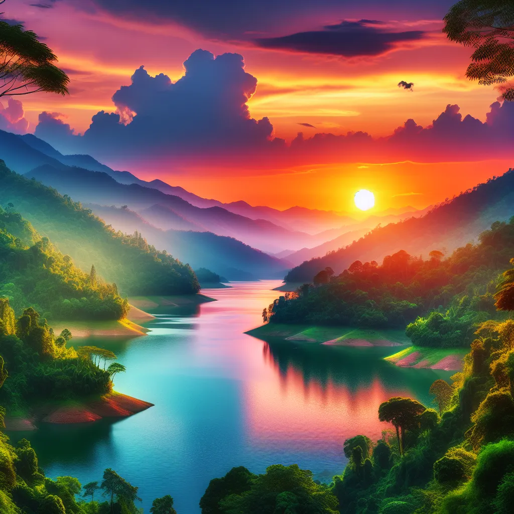 A serene, picturesque landscape with a vibrant sunset reflecting on a calm lake, surrounded by lush green mountains.