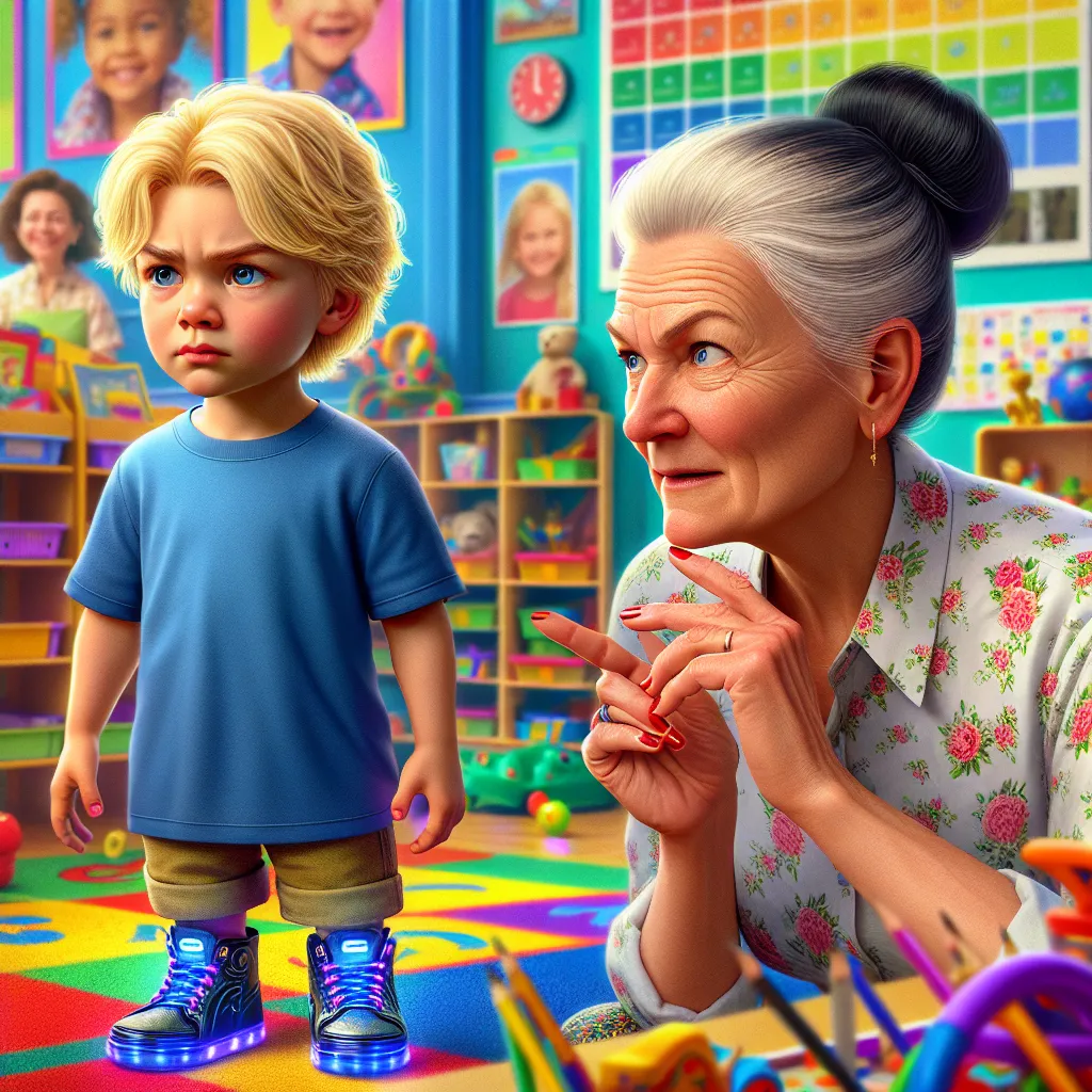 A poignant image of a small boy in a blue T-shirt, sandy hair, and light-up shoes standing beside a mature teacher with black hair in a bun, a floral shirt, and red toenails, both looking at each other with expressions of confusion and worry in a colorful classroom filled with toys and activity centers.