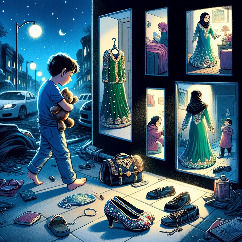 In the image, a young boy named Liam Thomas Berkley is seen walking home alone at night. He is wearing a blue shirt and jeans, clutching a stuffed animal. The streetlights cast eerie shadows on the ground as Liam realizes he is lost. He comes across a pair of traditional feminine Muslim shoes with intricate beadwork and embroidery. Nearby, he finds a beautiful emerald green gown and a matching hijab. There is also a modest black purse with various items inside. As Liam tries on the shoes, a tran