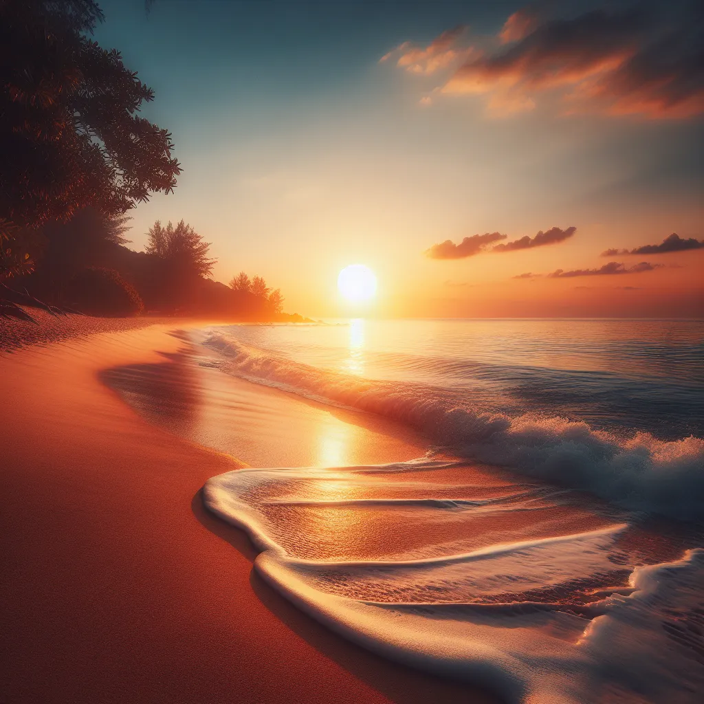 A serene beach sunrise, with gentle waves crashing against the shore as the sun rises above the horizon, casting a warm golden glow onto the sand.