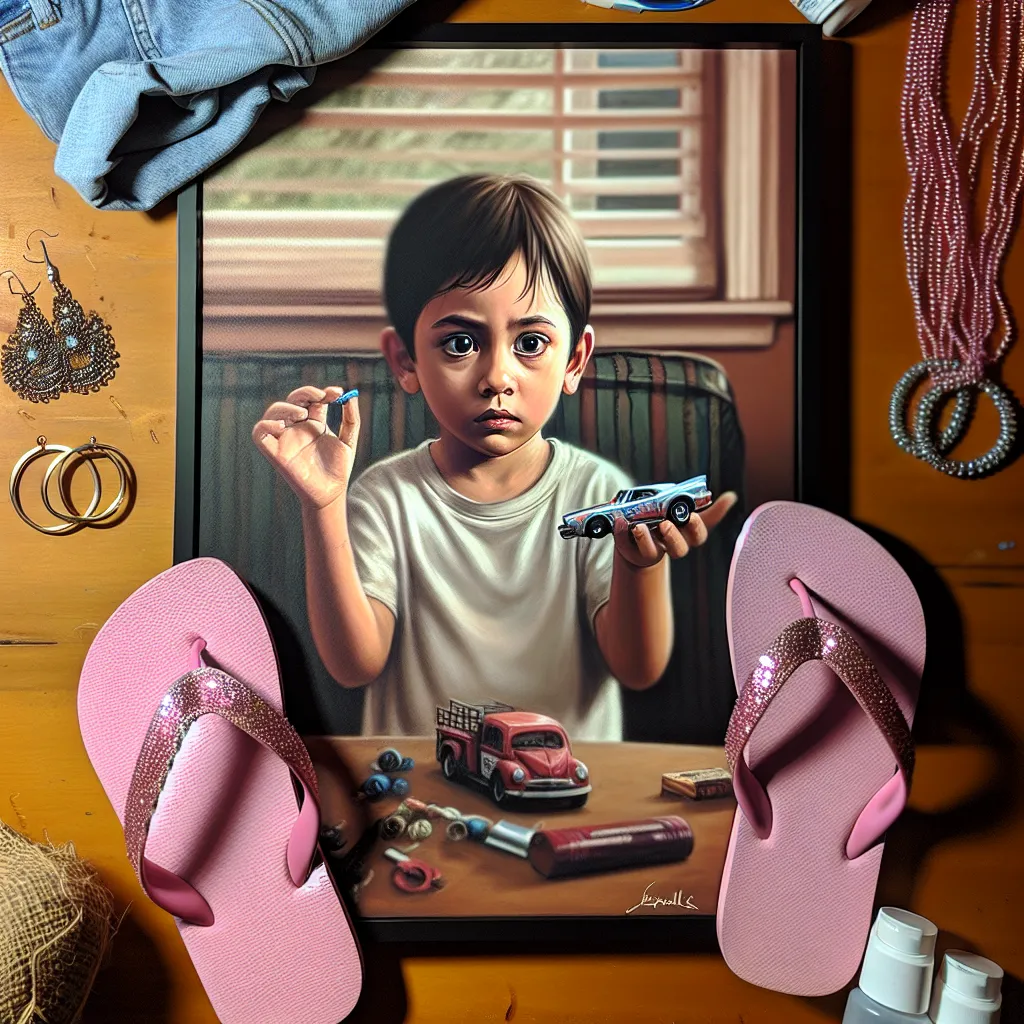 The image accompanying this story could depict a young boy wearing flip flops with a pink, sparkly strap. He may be holding a small toy car in his hand, with a concerned expression on his face. The background could show a room with a picture of a woman on the wall, along with other accessories such as hoop earrings and a beaded anklet.