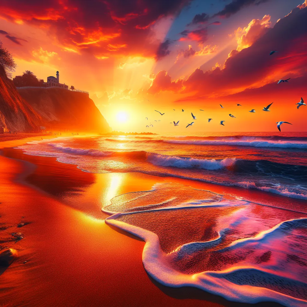 A vibrant painting depicting a breathtaking sunset over a serene coastline, with waves gently crashing against the sandy beach and seagulls soaring in the glowing sky.