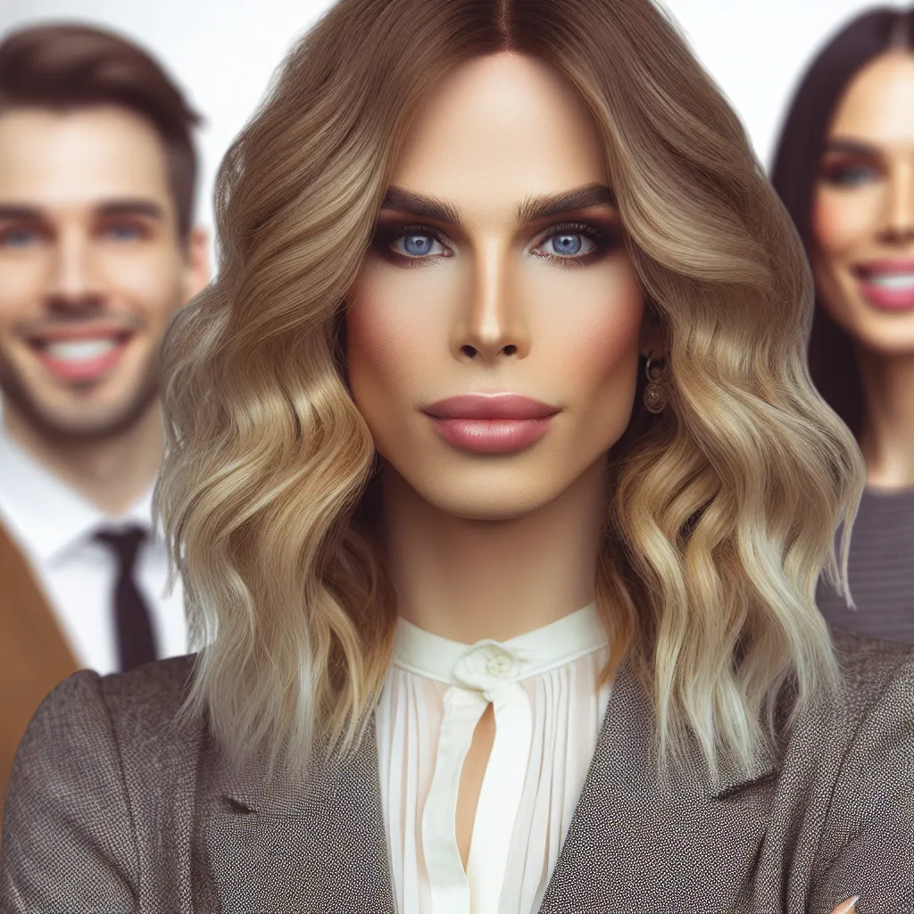 An image of a confident and proud transgender woman named Erica. She has a feminine appearance, with shoulder-length wavy blonde hair, bright blue eyes, and a flawless face of makeup. She stands tall and poised in a stylish and sophisticated outfit, radiating strength and authenticity. Surrounding her are supportive friends and family, symbolizing acceptance and love.