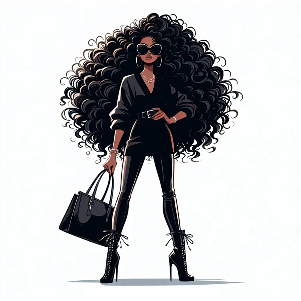 A digital illustration of Megan Thee Stallion, wearing a stylish outfit, sunglasses, and a handbag, with her voluminous, curly black hair flowing down her back. She stands confidently in fashionable high-heeled boots.