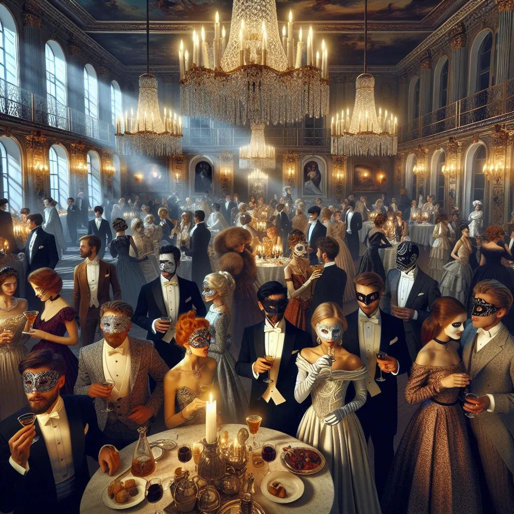 Description: The image depicts a masquerade ball set in a lavish Russian Mansion. The scene is illuminated by glittering chandeliers, casting a warm and opulent glow on the elegantly dressed elite of Moscow who are engaging in lively conversation and enjoying expensive drinks. Shadows dance along the walls as servants attend to the guests, creating an atmosphere of indulgence.