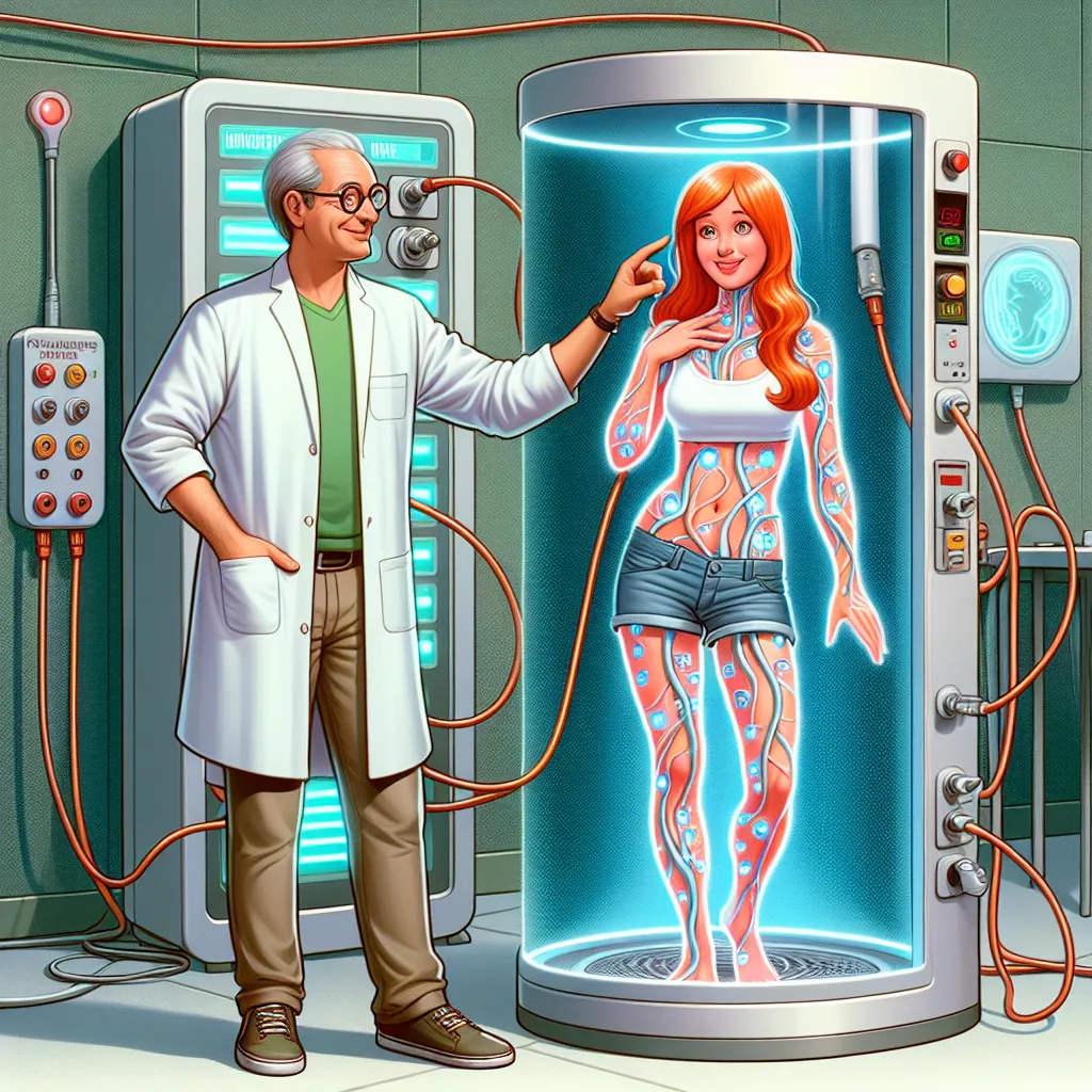 An image showing a scientist in a lab, standing next to a futuristic brain takeover device with wires and glowing interfaces. The scientist is wearing a white lab coat and a smug smile, while a person, who has undergone the brain switch, stands next to them. The person, a man named Carlos, is now in the body of a woman named Danielle - a redhead with a sexy figure wearing a green top with a plunging neckline. Carlos playfully embraces his new body, squeezing the breasts and admiring the curvy fi