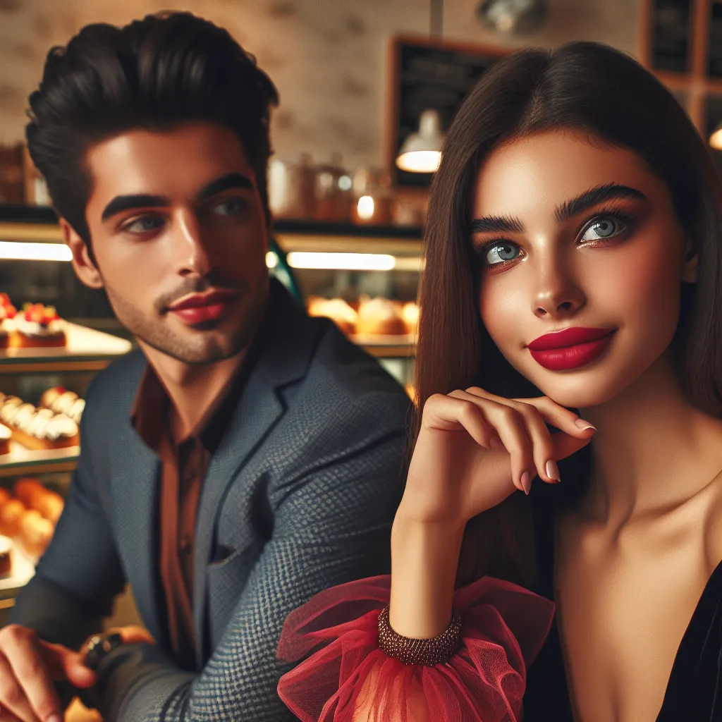 The image accompanying this story depicts two young adults sitting at a cozy table in a trendy café. One person, Daphne, has a confident and vibrant appearance, wearing a red lipstick and an eye-catching outfit. The other person, Alex, gazes at Daphne with a mix of curiosity and adoration. The atmosphere is warm and comfortable, with soft lighting and a display of pastries in the background. The image captures the essence of their friendship and the transition they are navigating together.