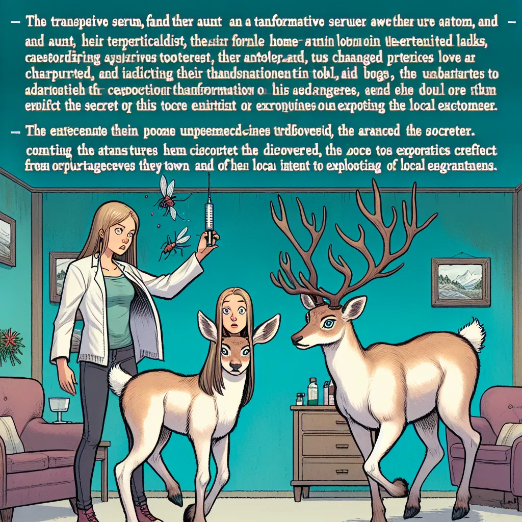 A teenage girl and her geneticist aunt discover a transformative serum in their basement lab. They both inject themselves and witness their bodies morph into anthro reindeer forms. They embark on a journey of self-discovery and use their newfound abilities to protect their town from corporate agents seeking to exploit the unique ecosystem. As they overcome challenges and bond as partners, they embrace their reindeer identities and vow to safeguard their secret and the magic they have uncovered.
