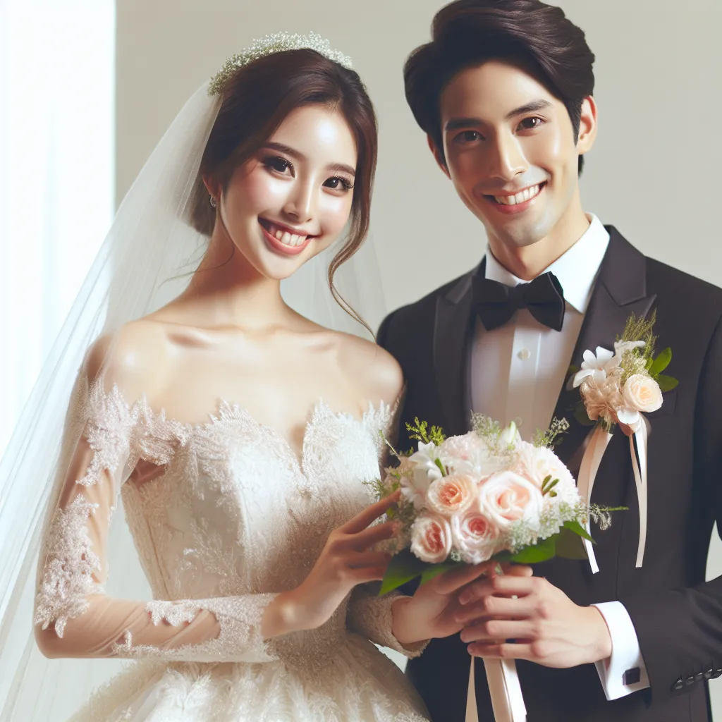 This image will feature a happy bride, named Liz, standing next to her loving groom, Mike. They are both dressed elegantly for their wedding day.