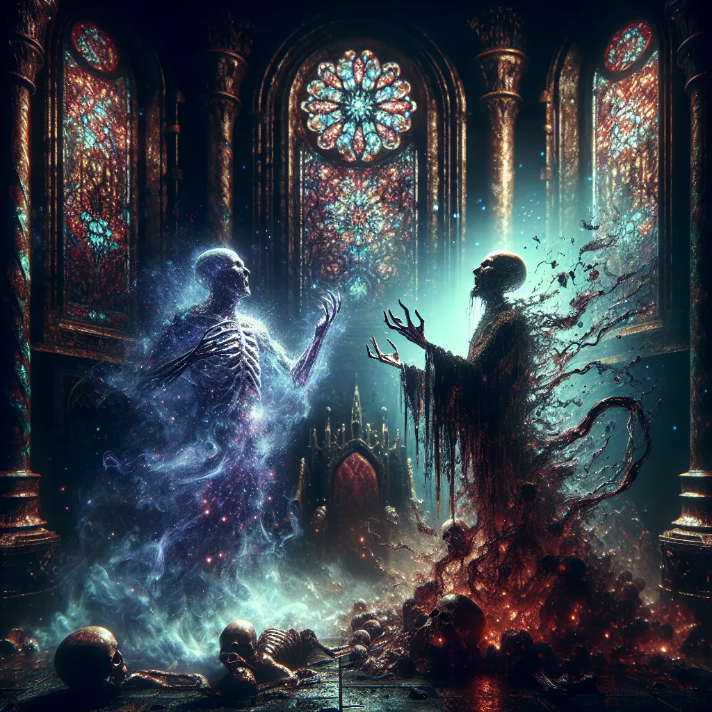 A dark, eerie scene depicting the supernatural body-swap ritual between Luz and Emperor Belos: in a dim throne room lit by sickly stained-glass light, two ghostly souls—one youthful and determined, the other twisted and corrupted—are wrenching free from their bodies; Luz’s desperate, terrified soul surrounded by decaying flesh and oozing rot, while Belos’s furious spirit inhabits her youthful form; the atmosphere thick with magical energy, pain, and decay, emphasizing the horror and unnatural fu