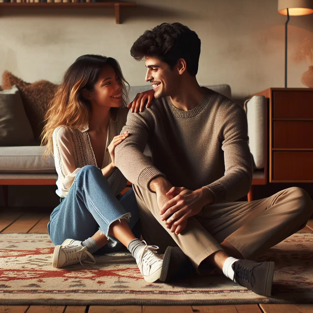 A playful and tender moment of romance between Marina and Leon, as they share a chaste yet electric kiss on the living room rug. The image captures their intimate connection and the playful dynamic between them, hinting at the deeper emotions that underpin their lighthearted interaction.