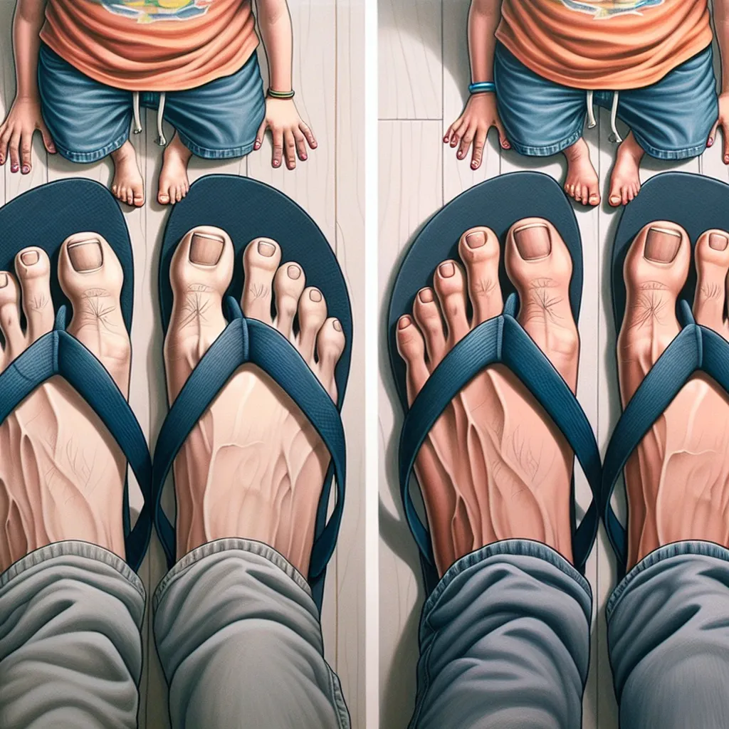 A 3d live action style first person pov side by side image with a line in the middle of the photo going up and down to separate the two images and have the 7 year old boy's tiny feet with five toes on each foot be on the left side of the image as he had looked down to realize he slipped on his teacher's large feminine flip flops and have his jeans be visible on his legs in the image on the left and his boyish shirt be visible on his body and have the image on the right be of his feet transformed