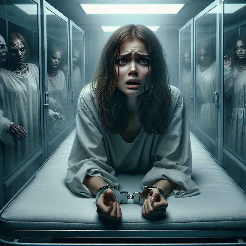Description: In this horror story, an image featuring a young woman trapped in a cold, sterile chamber, shackled and facing execution, captures the intense desperation and horror of the protagonist's journey as he realizes the consequences of his body-switching betrayal. The image showcases the girl's face, marred by horror and helplessness, as her plea for the truth falls on deaf ears.