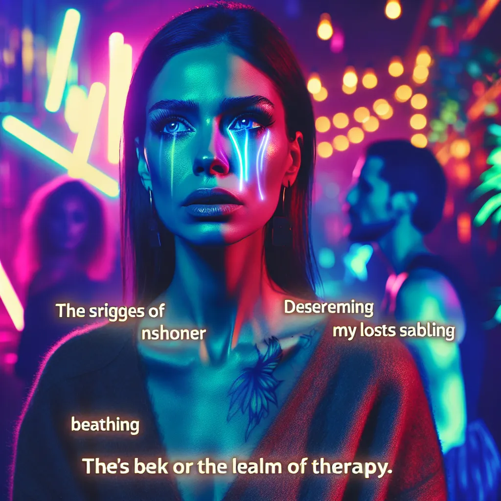 Description: A woman stands in the vibrant space of Club Mirage, its neon lights casting an electric glow. In her eyes, a mix of sorrow and determination. She longs for her missing sister, her pain palpable. Yet, a ray of hope emerges as she seeks therapy. The image captures the juxtaposition of loss and resilience, as she navigates a new rhythm of life, finding solace and inspiration in memories and the pulsating energy of the club.