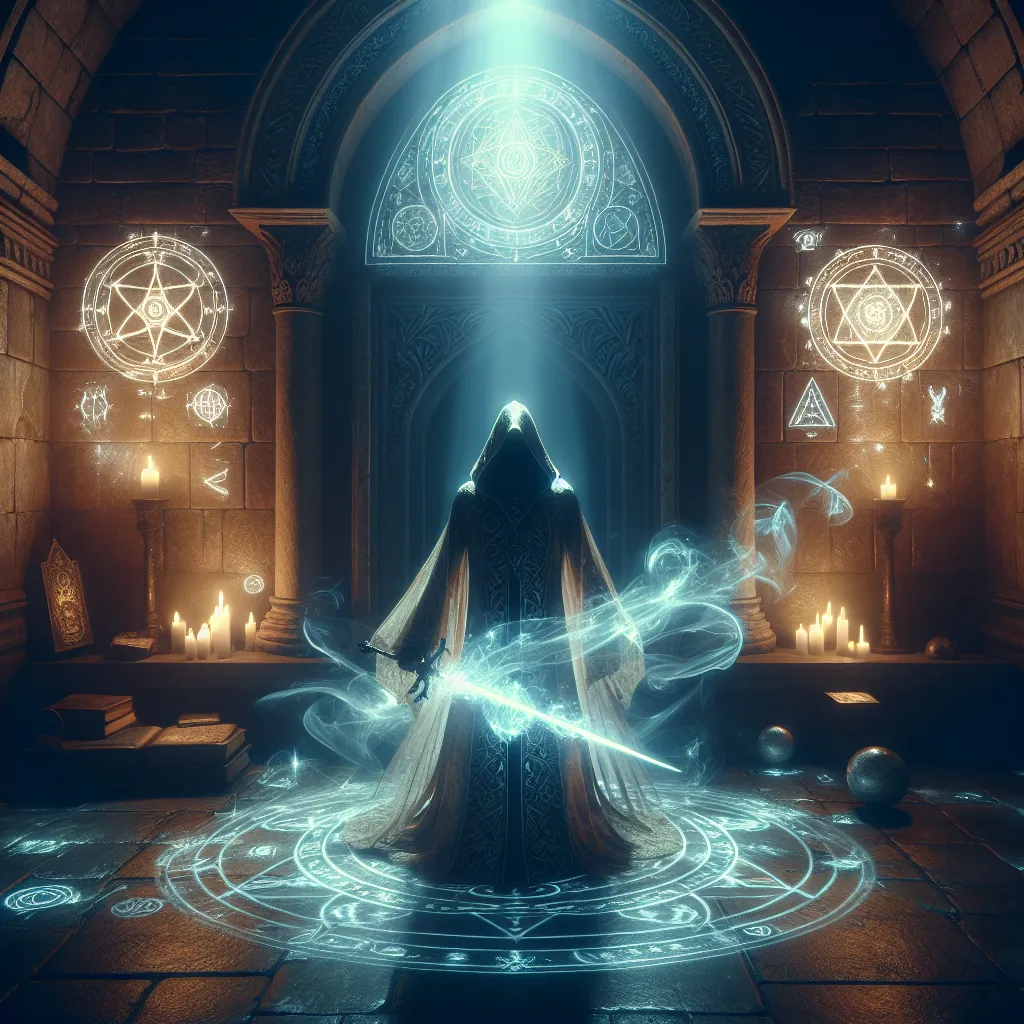 A mysterious figure in an ancient, dimly lit chamber at a mystic academy, wielding a Soul Sword and surrounded by enchanted symbols and magical artifacts.