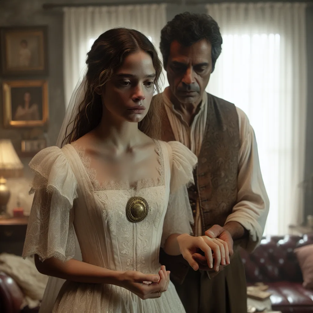 A woman in her mid-40s, named Rebecca, stands in a living room wearing a wedding dress. She looks confused and concerned. To her side is a man, John, who is holding her hands gently, reassuring and comforting her. They are surrounded by a sense of love and vulnerability. In the background, a forgotten medallion lies on a nightstand, its magical powers undiscovered.