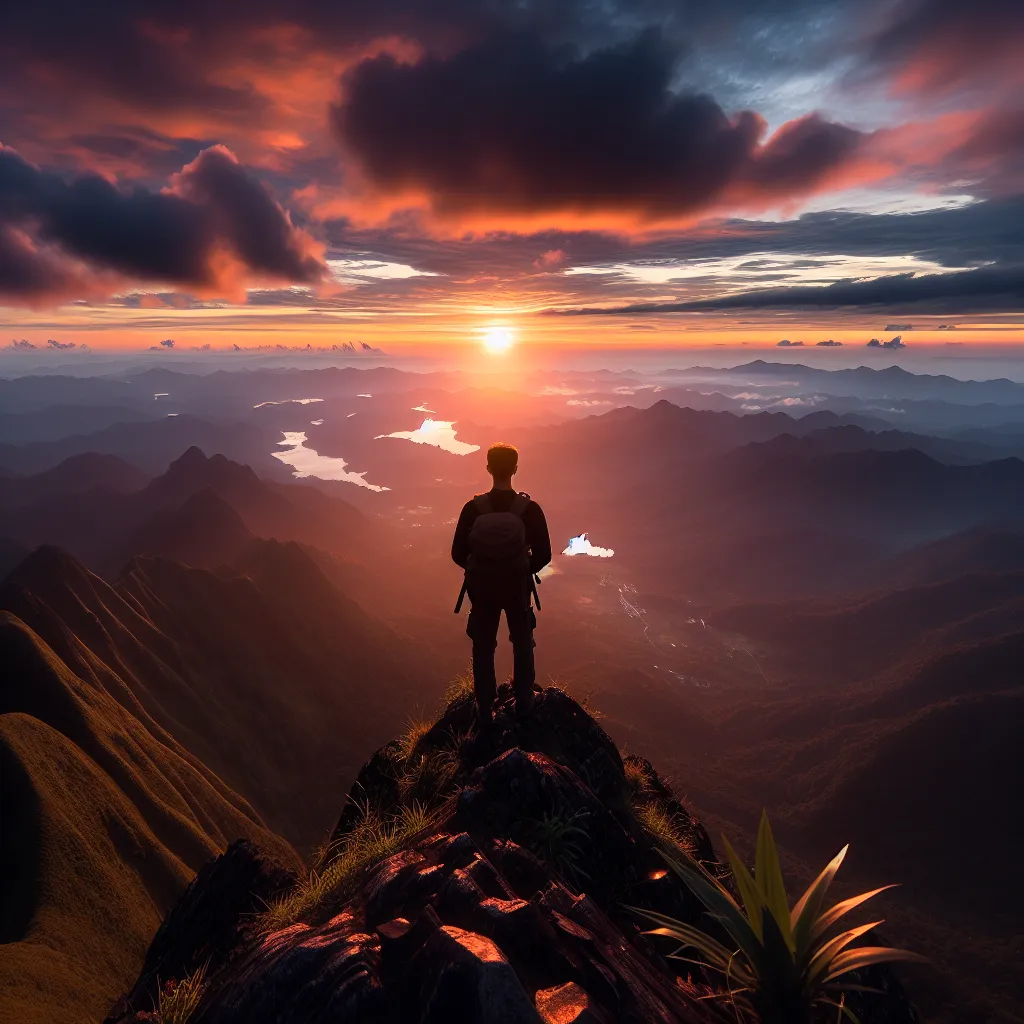 A person standing on a mountain peak, gazing at a breathtaking sunrise over a vast, serene landscape.