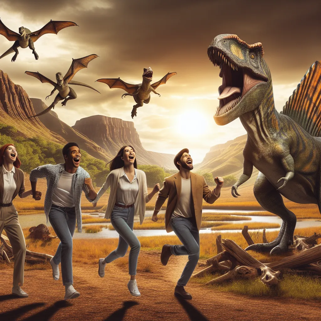 This image should depict a group of four individuals transformed into different prehistoric creatures in a lush and ancient environment. Show their astonishment and camaraderie as they navigate their new bodies and surroundings, with one of them, now a Spinosaurus, roaring triumphantly.