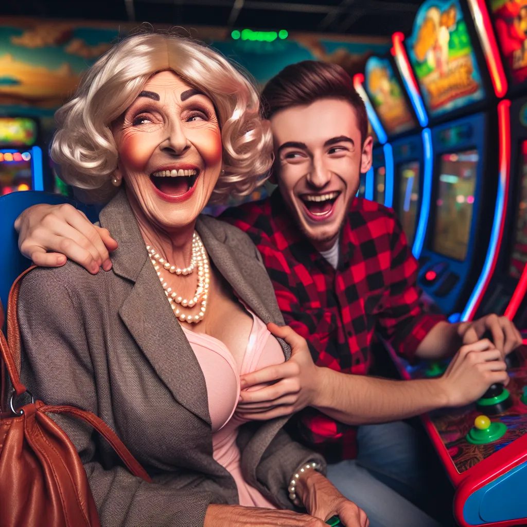 An image of two friends, one in the body of the other's mom, laughing and enjoying themselves at an arcade.