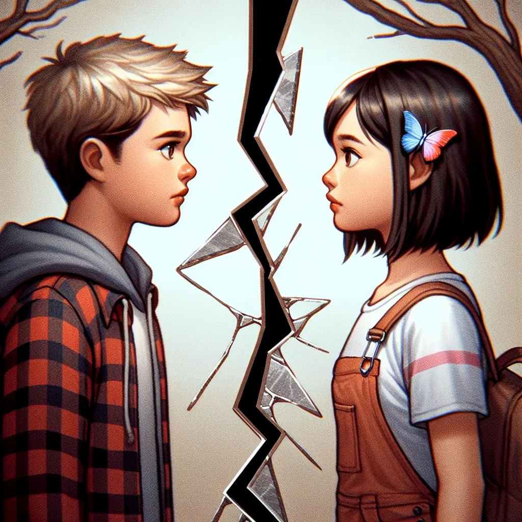 Description: The image depicts two people, Ash and Ichiko, standing on opposite sides of a mirror. Ash, a boy, is shown on the left side of the mirror, while Ichiko, a girl, is shown on the right side. The mirror is cracked down the middle, symbolizing the twist of fate that has caused their bodies to switch. The expressions on their faces convey surprise, confusion, and determination as they come to terms with their new lives and form an unspoken bond.