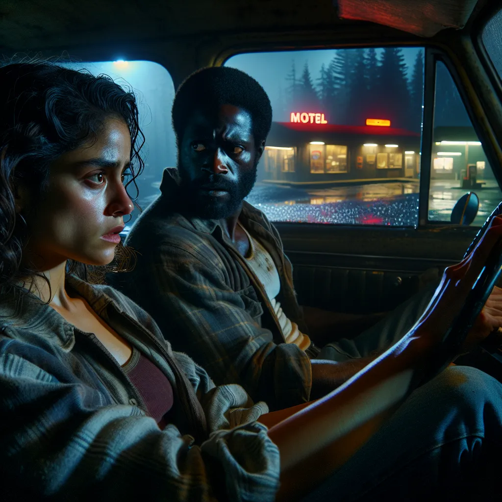 An intense midnight pursuit unfolds as Laura and Gambit race towards safety in an old pickup truck, chased by unseen threats. At a deserted gas station, they strategize for escape, while Laura seeks assistance from a weathered man before they speed off towards a forgotten motel on the edge of tranquility. The image captures the tension and urgency of their quest for sanctuary amidst the looming danger.