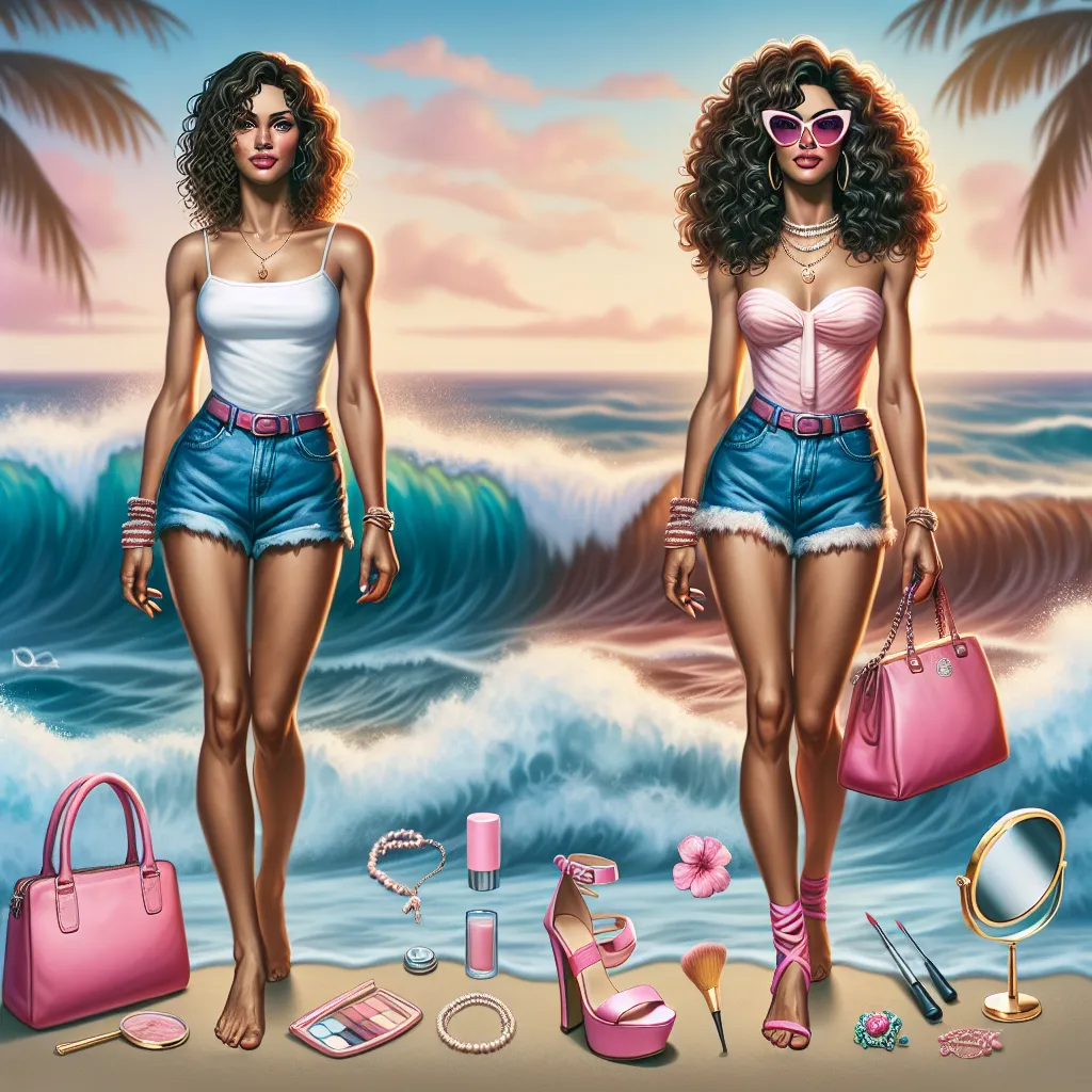 Description: The image depicts a transformed Alex, now known as Courtney, standing confidently in a white tank top, blue short shorts, and pink Birkenstocks. She is holding a pink handbag, and her curly hair frames her face. Courtney is surrounded by several items including jewelry, a compact mirror, and a pair of large, round pink sunglasses. The background showcases a beach scene with waves crashing and a vibrant blue sky.