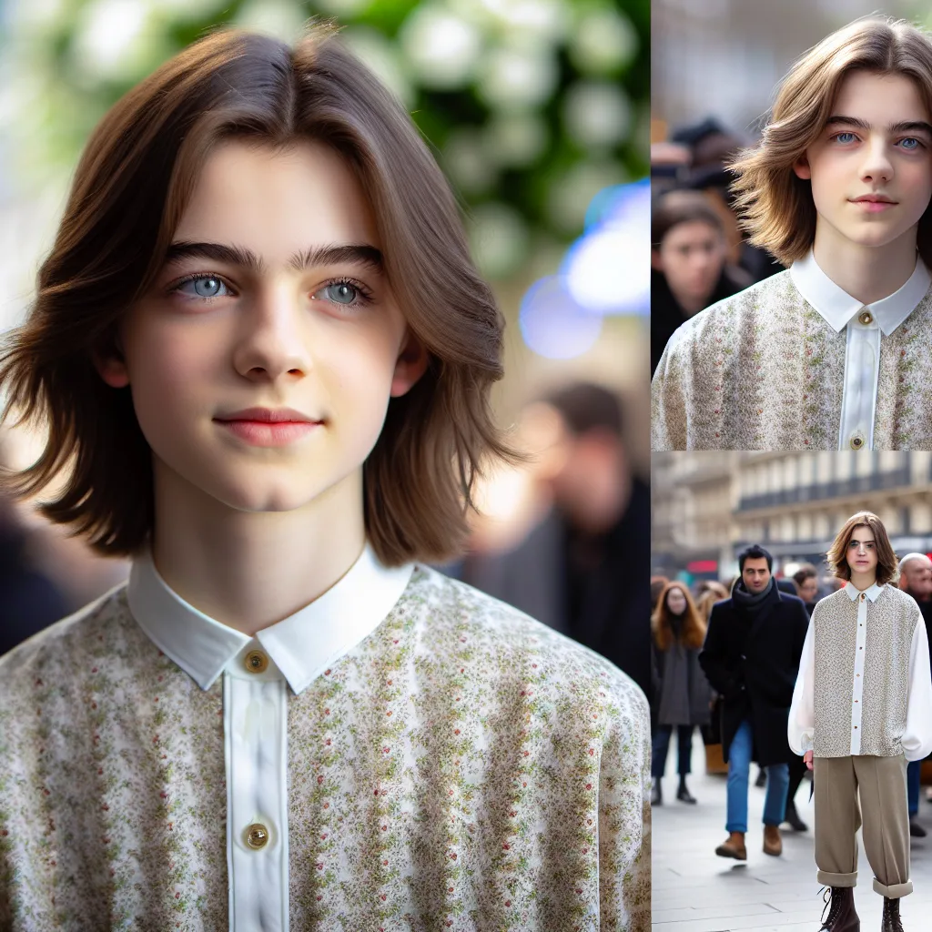 A young girl, resembling a transformed version of a boy named Max, stands in an urban setting wearing sleek, form-fitting attire. Her shoulder-length, silky brown hair frames her face, which bears a curious blue gaze and a soft, enigmatic smile. She stands confidently in fashionable heels, navigating her surroundings with a blend of uncertainty and hope.