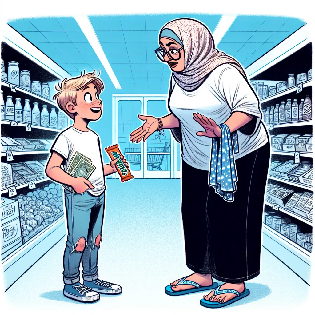 The image accompanying this story could be an illustration of a grocery store aisle with a young boy holding a candy bar in one hand and a dollar bill in the other, encountering an older woman wearing faded blue jeans, a loose white t-shirt, and blue flip flops with white polka dots. The old woman could be reaching out to the boy, both with surprised expressions on their faces.