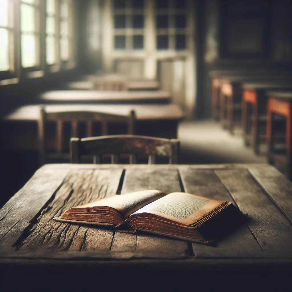 A deserted, open book lying on a wooden table, symbolizing an unfinished story.