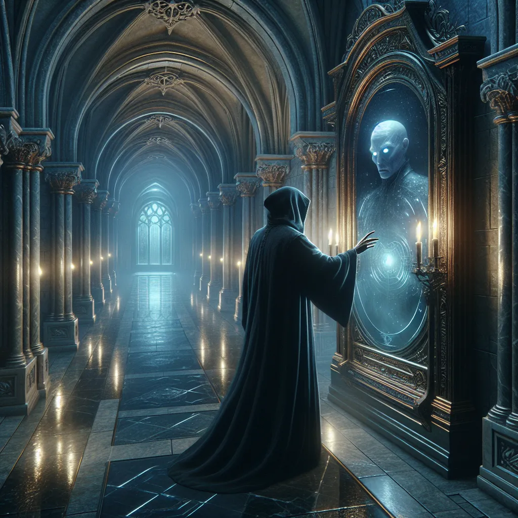 "Echoes of Shadows" - An eerie depiction of a marble hallway at Sanctum Academy, bathed in twilight hues, where Magik, a mutant teacher with a dark past, grapples with teaching about hellish dimensions and temptation. The image captures her investigating a mysterious mirror in a friend's suite, leading to a chilling revelation and a daring act to banish sinister shadows back to Limbo.
