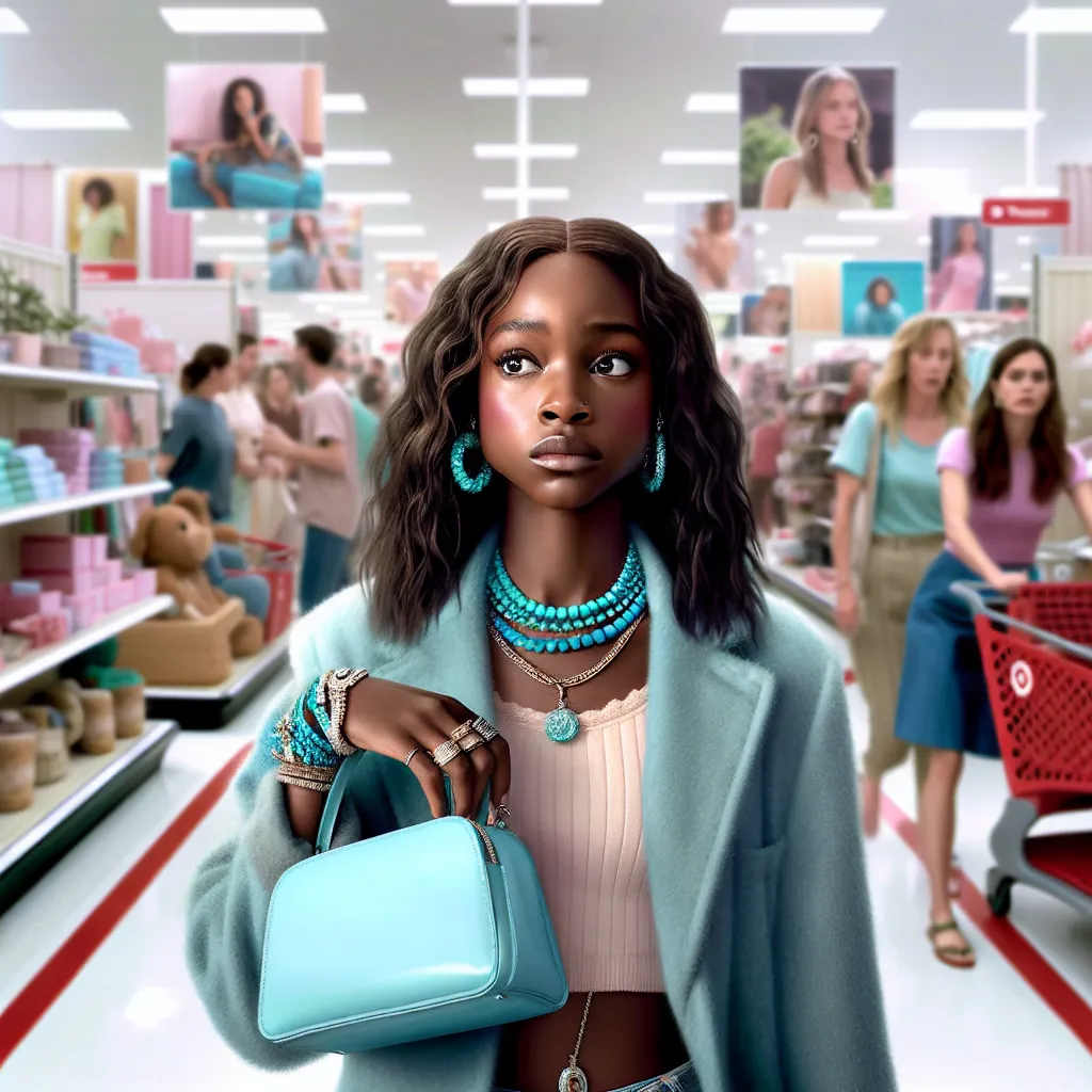 A boy named Mason swaps bodies with Olivia in a Target store, now navigating life as a woman named Olivia Marshall. In a blur of confusion, the once-invisible Mason struggles to adapt to Olivia’s adult world, laden with familial tensions and cosmetic responsibilities. The image captures Mason, now Olivia, adorned in turquoise jewelry and a pastel blue mini purse, navigating her new reality with uncertainty and resilience.