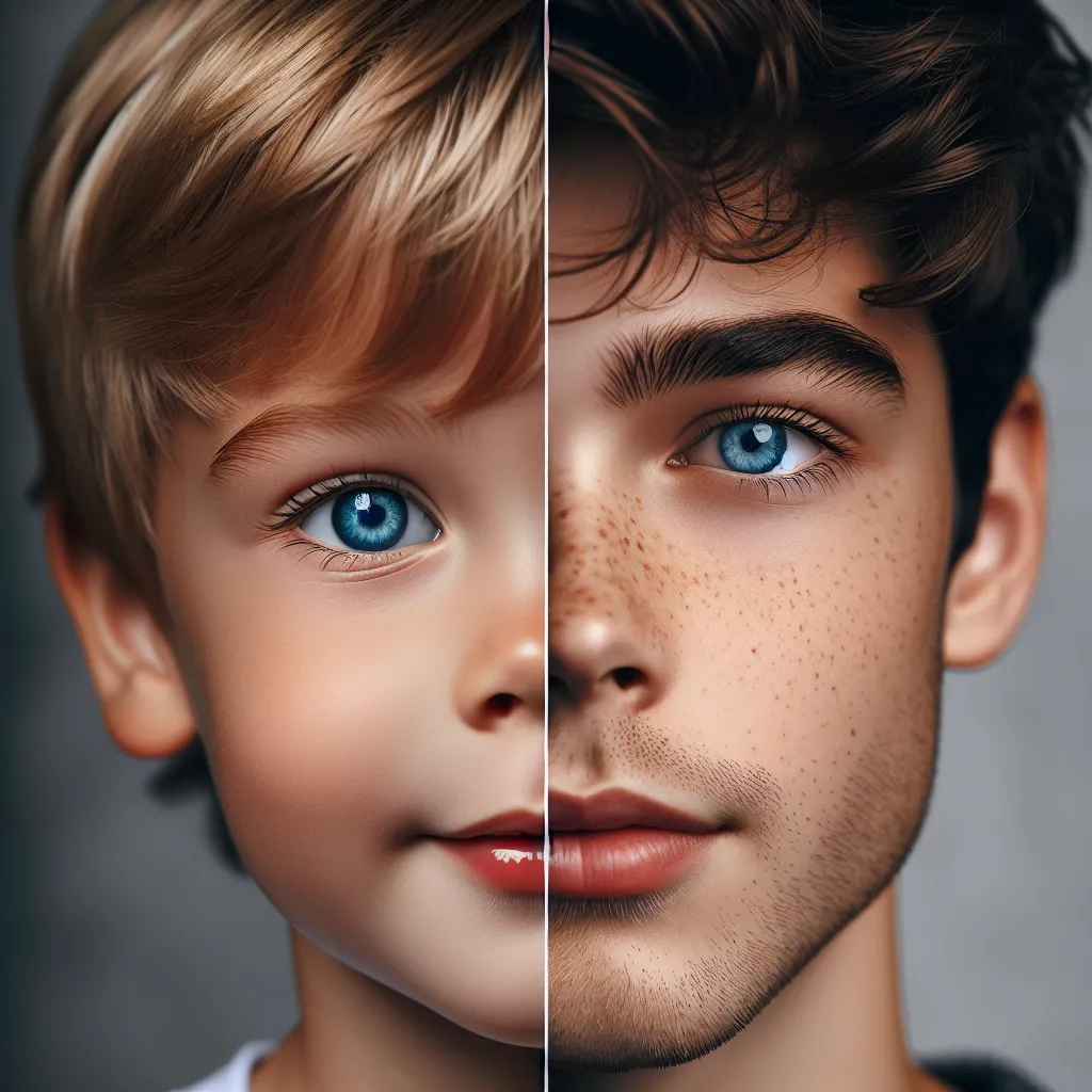 A split image of the five-year-old boy Tommy Harrison and his 16-year-old brother Jake Harrison. Tommy has short, sandy blond hair and innocent blue eyes, while Jake has dark brown hair and the same deep blue eyes.