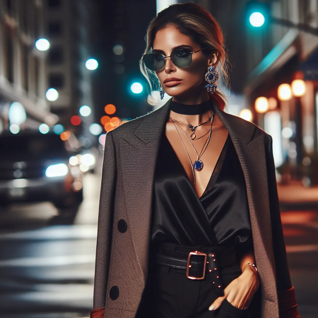 A confident and stylish woman named Tamika Johnson walks down a city street at night, her accessories and clothing reflecting her strong and vibrant personality.