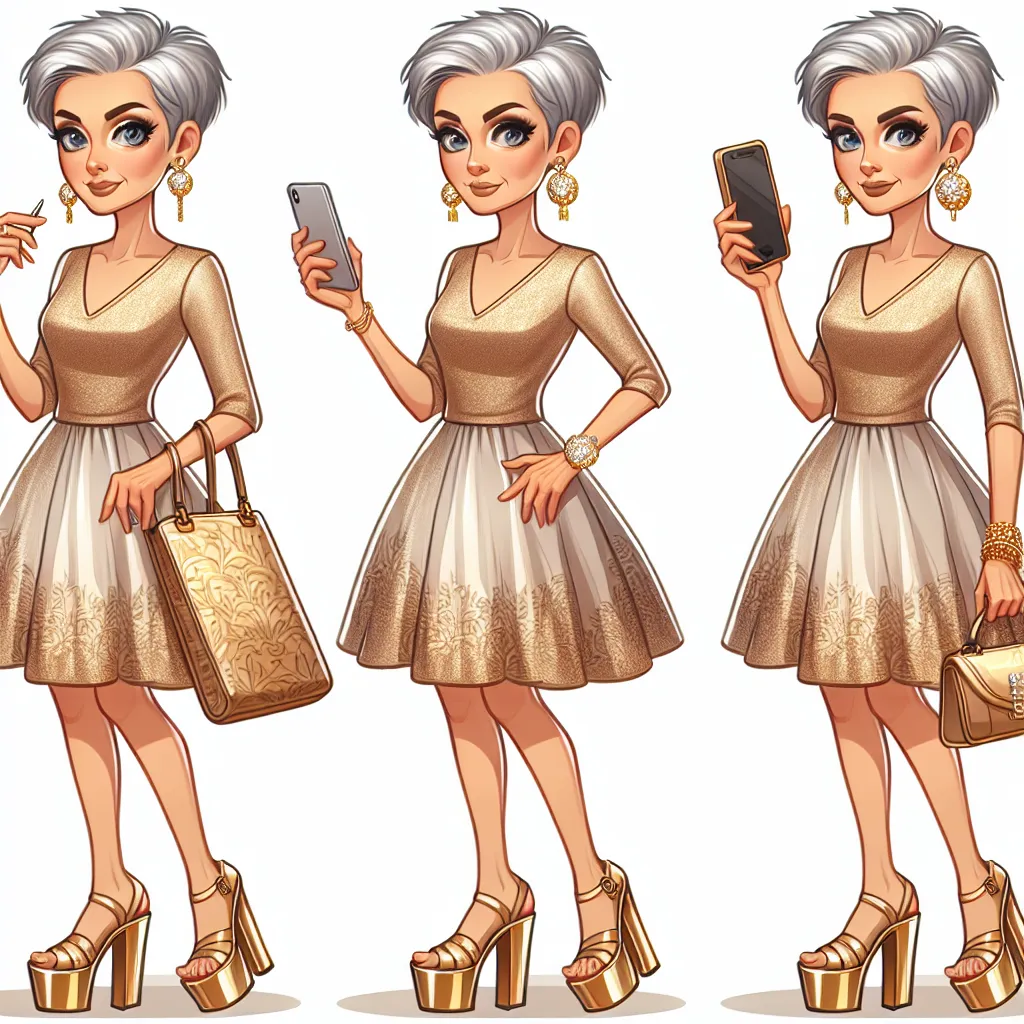 A generated image to accompany this story would be a depiction of a 75-year-old woman named Evelyn. She has short gray hair, gray-blue eyes, and is dressed in a tasteful but revealing gold dress. She wears flashy platform sandals and carries an elegant gold purse adorned with intricate designs. In one hand, she holds a pair of expensive diamond earrings, and in the other, she holds a brand-new iPhone. She exudes confidence and sophistication as she walks with a slight smile on her face.