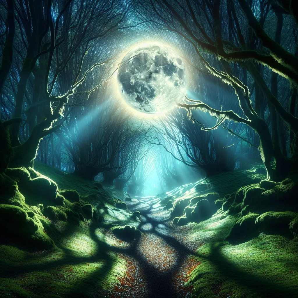 Title: "Enchanting Selene's Passage"

Description: "An ethereal moonlit night transforms a quaint forest path into a mystical realm illuminated by the radiant glow of the moon. Sunlight filters through the branches, casting intricate shadows on the mossy ground. Mysterious and captivating, this captivating scene draws viewers into the captivating world of Selene's Passage."