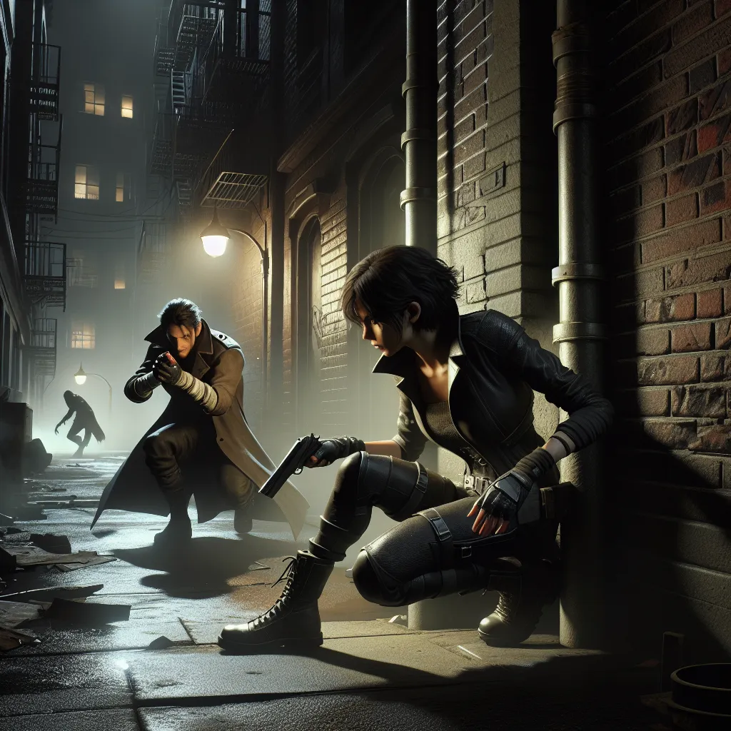 A mysterious figure named Laura teams up with Gambit in a city alley, navigating a dangerous encounter with unknown assailants. The image captures Laura and Gambit's stealthy movements as they evade the threat lurking in the shadows of the city.