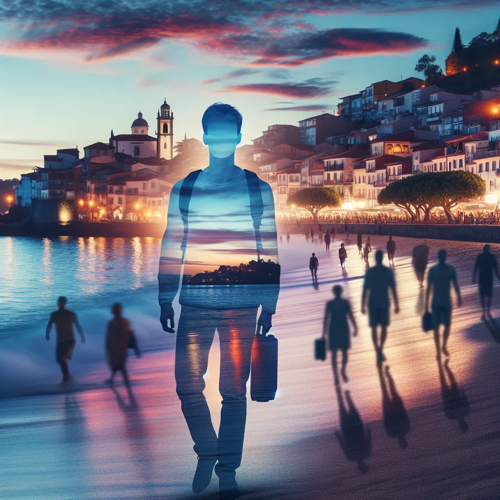 An image of Dominic standing on the shore of Bezaliel Beach at twilight, with headless figures moving about the vibrant town in the background.