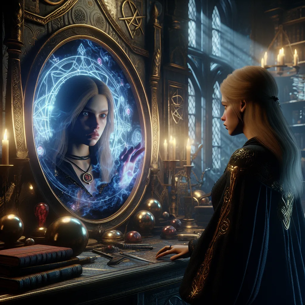A tense moment in a mystical academy as Magik confronts a foreboding mirror showing a dark vision of her future, surrounded by magical artifacts and eerie lighting.