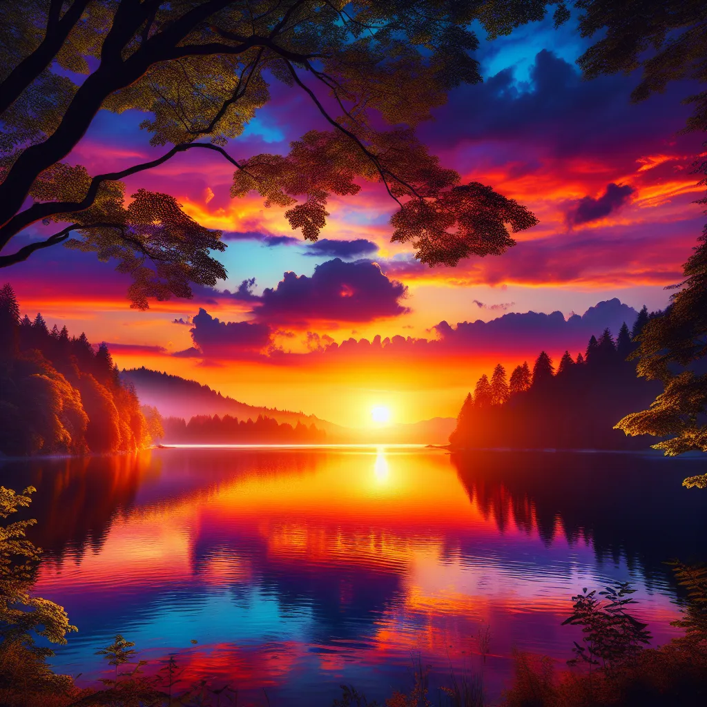 Description: A breathtaking sunset over a serene lake, with vibrant colors reflecting on the calm water's surface as silhouettes of trees frame the scene.