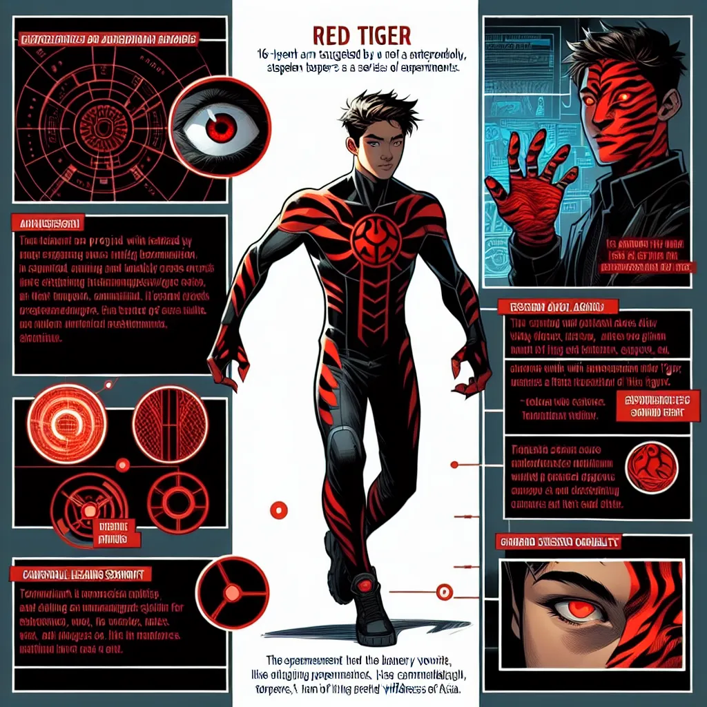 Meet Jake "Red Tiger" Thompson, a 16-year-old prodigy from New York who has found himself at the center of a dangerous world he never asked to be a part of. His life took a dark turn when a shadowy organization targeted him for a series of experiments. These experiments weren't just any ordinary tests; they were intended to create the perfect superhuman weapon. Jake emerged from them no longer an average teenager but someone imbued with extraordinary powers inspired by the fierce and enigmatic r