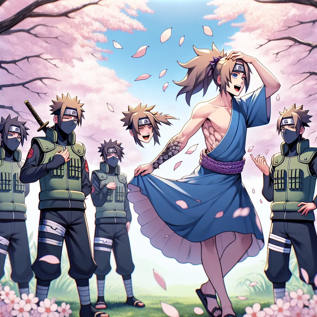 An illustration of Naruto Uzumaki transforming into a female version of himself named Suiren in the female section of a hot springs, surrounded by his friends Sakura and Ino who seem unaware of his distress. The image captures the moment of Naruto's metamorphosis, with his appearance transitioning from male to female as he grapples with his changing identity and the acceptance of the new reality.