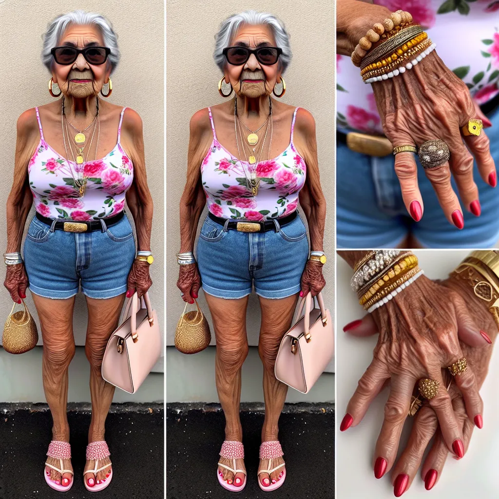 The image is of a 73-year-old woman named Maria, standing outside with a confused expression. She has tanned skin, black hair in a bun, and is wearing a floral tank top, denim shorts, and pink beaded flip flops. Maria is holding a purse over her shoulder and wearing black sunglasses with gold accents. She is adorned with jewelry, including hoop earrings, a wedding ring, a gold bracelet, and a necklace with a pendant. Her nails are painted red.