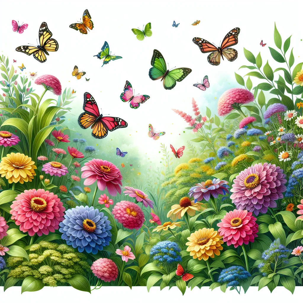 A vibrant summer garden filled with blooming flowers, lush green foliage, and colorful butterflies fluttering around.