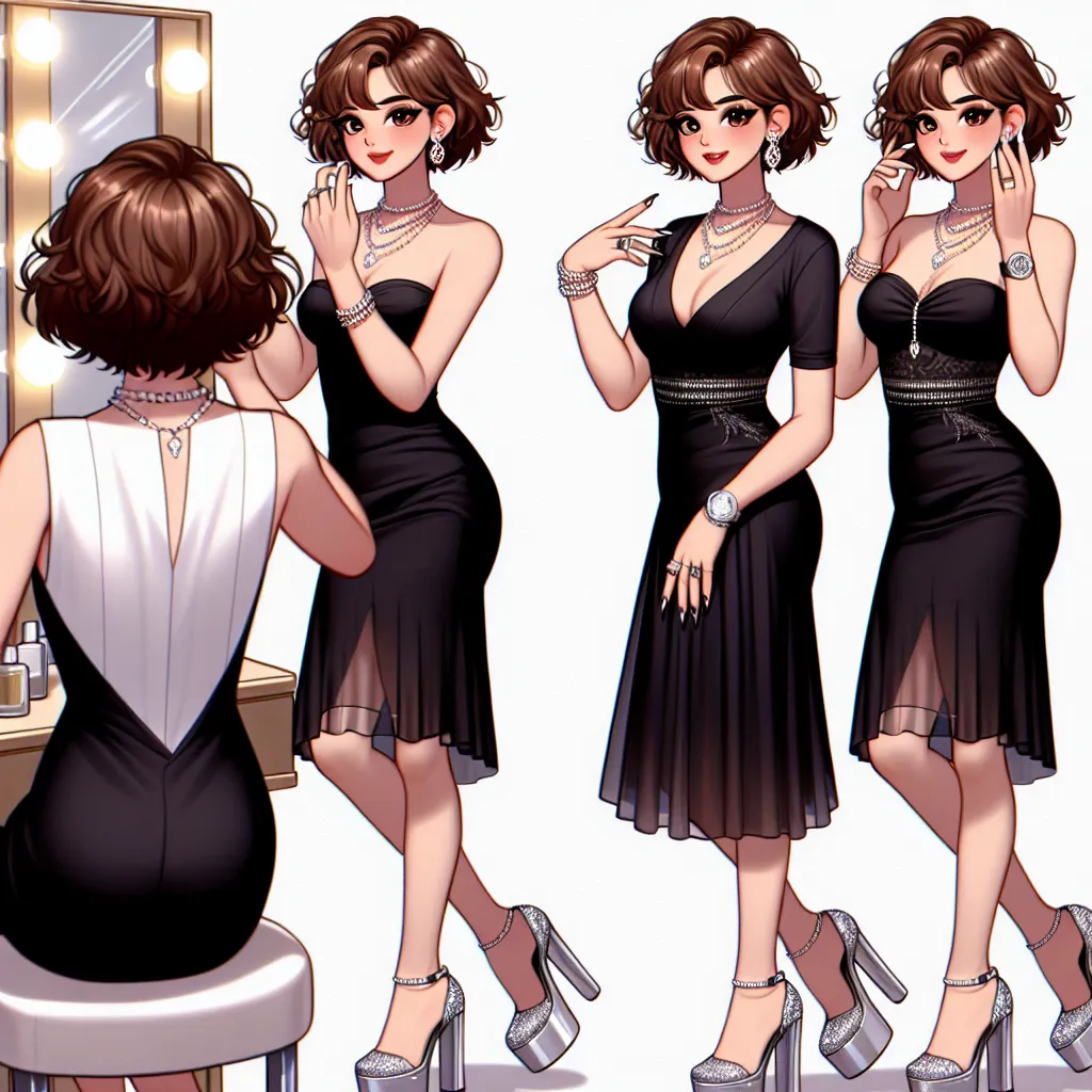 A digital portrait of a young girl named Serena, transformed from a boy named Jacob, in an elegant black silk mini dress, standing in front of a mirror. She has short, wavy brown hair, sparkling French-tipped nails, and diamond stud earrings. She wears a pearl necklace and multiple pieces of jewelry. Serena is checking her reflection with a confident smile before going on a birthday dinner date, while her silver platform sandals with rhinestones add a touch of glamour.