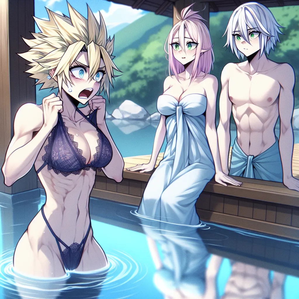 The image that will accompany this story is a depiction of Naruto, now transformed into Naruko, standing at the entrance of the hot springs with Sakura and Ino. The image shows Naruto's shock and confusion as he gazes at his reflection in the tranquil pool, while Sakura and Ino appear nonchalant and amused. The image captures the contrast between Naruto's newly acquired feminine appearance and his friends' easy acceptance, highlighting his struggle to come to terms with his sudden transformation